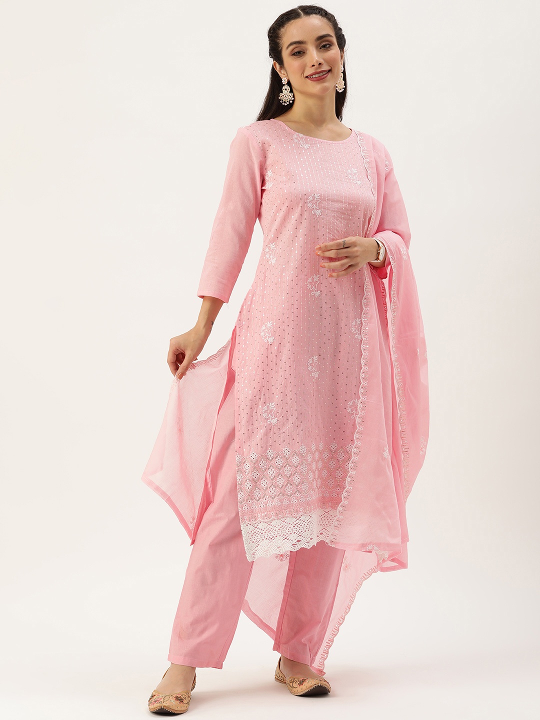 

SWAGG INDIA Ethnic Motifs Embroidered Sequinned Kurta with Trousers & With Dupatta, Pink