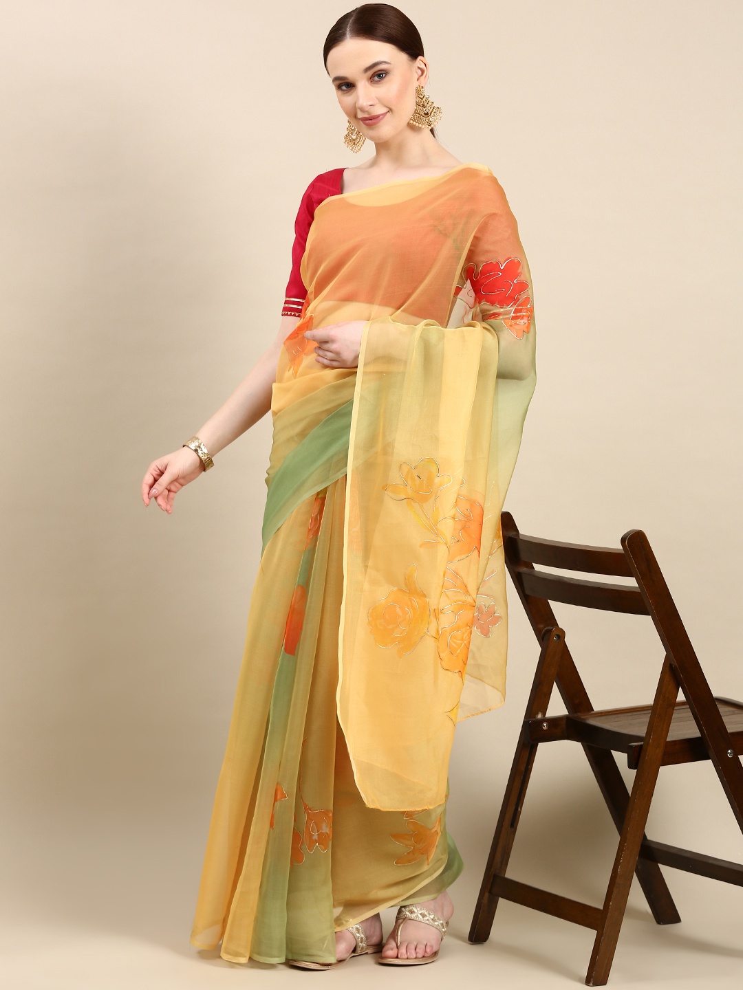 

LOOKNBOOK ART Floral Printed Organza Saree, Lime green