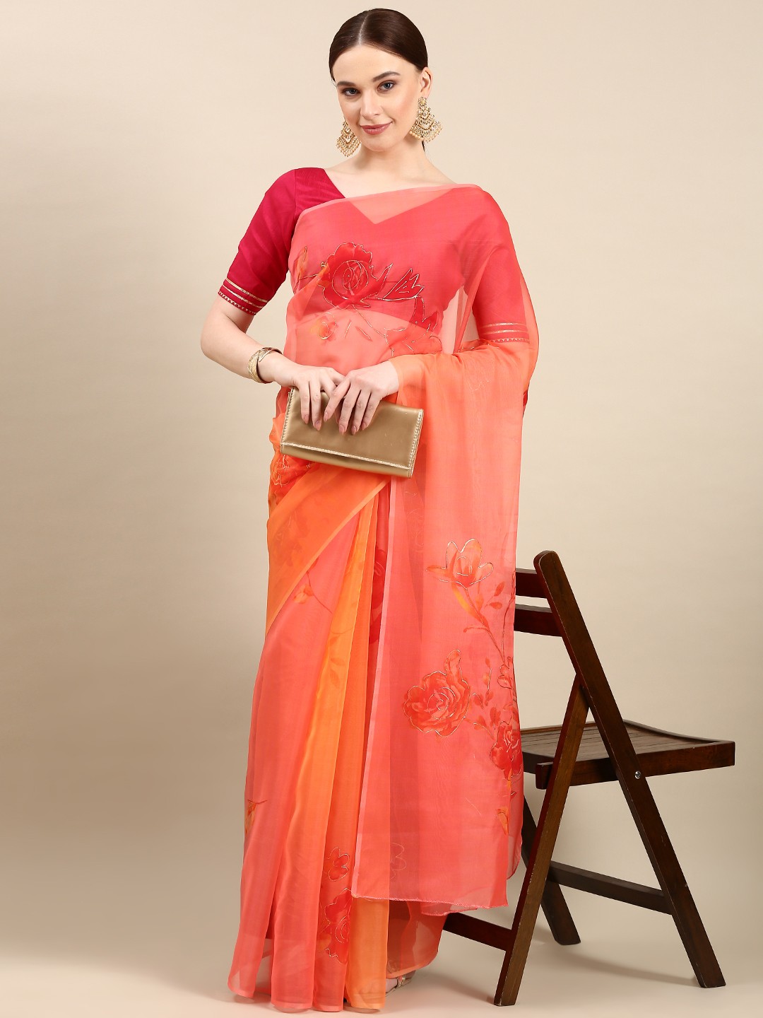 

LOOKNBOOK ART Floral Foil Printed Organza Saree, Orange