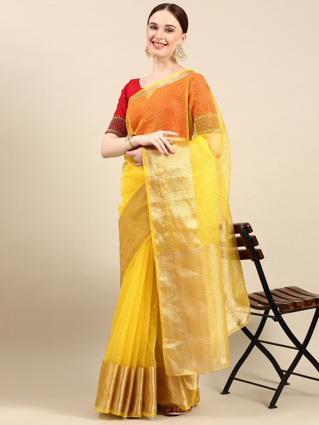 

LOOKNBOOK ART Organza Chex with Weaving Zari work Saree, Yellow