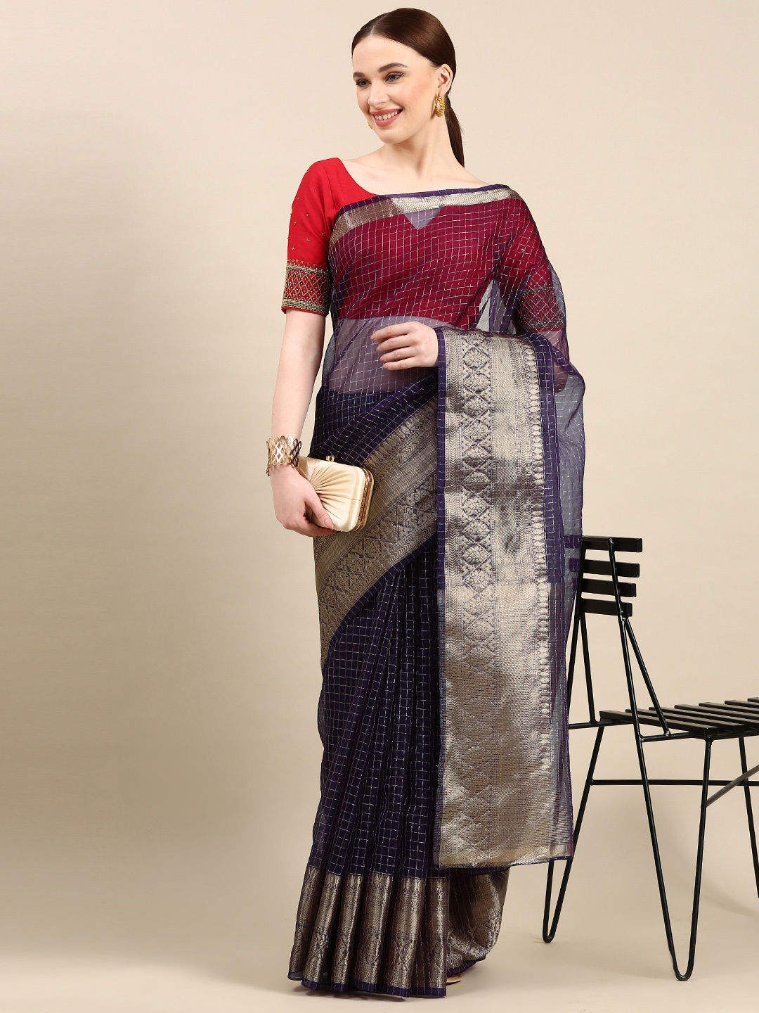 

LOOKNBOOK ART Organza Chex with Weaving Zari work Saree, Purple