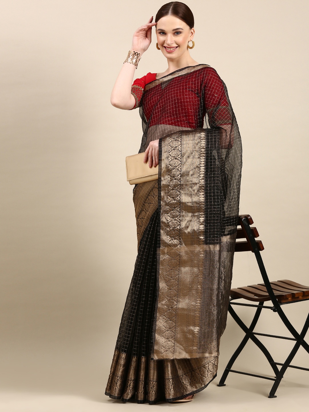 

LOOKNBOOK ART Organza Chex with Weaving Zari work Saree, Black