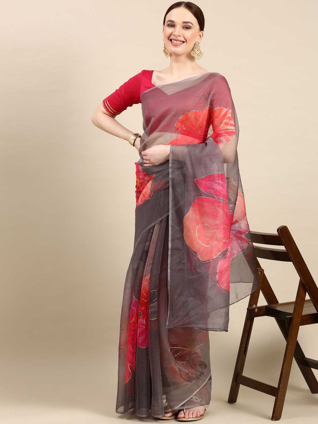 

LOOKNBOOK ART Floral Foil Printed Organza Saree, Grey