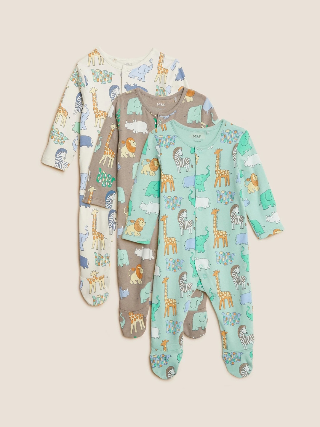 

Marks & Spencer Infant Boys Pack Of 3 Printed Pure Cotton Sleepsuits, White