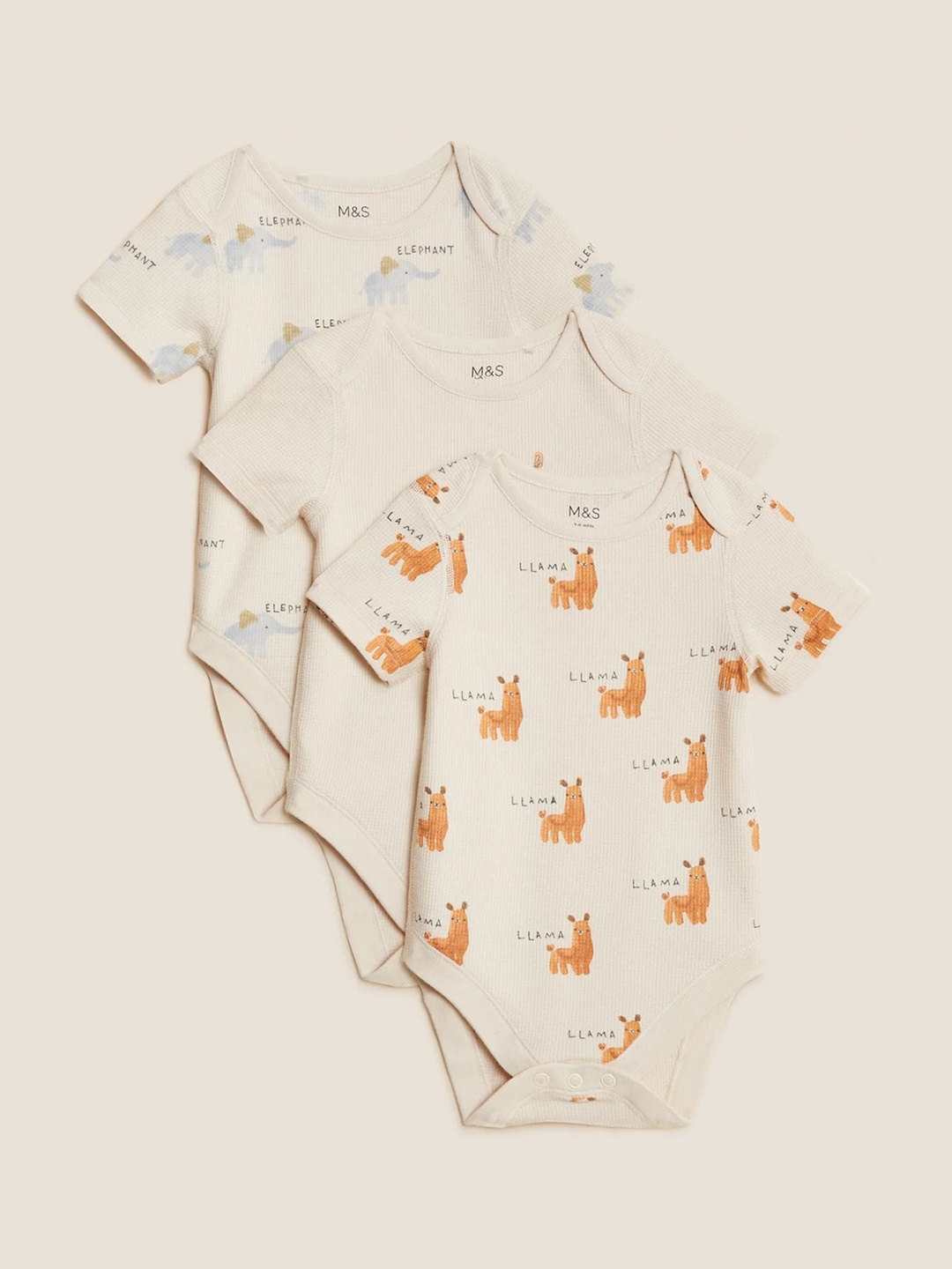 

Marks & Spencer Infants Pack Of 3 Printed Pure Cotton Rompers, Beige