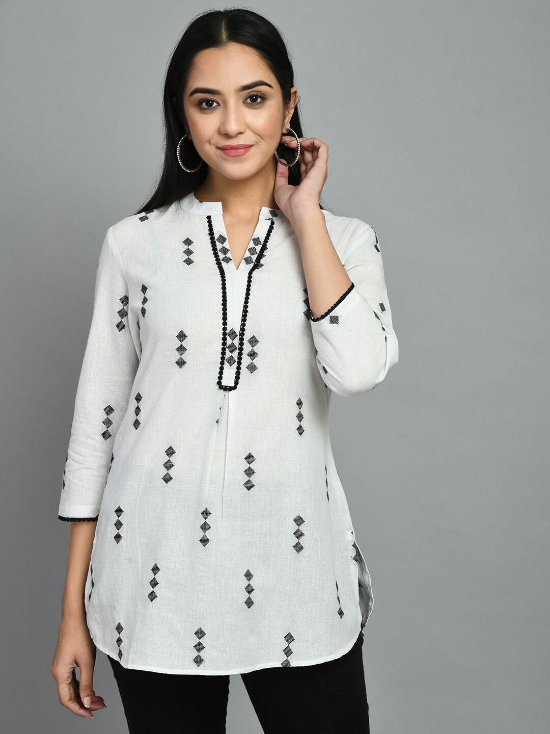 

MEESAN Self Design Band Collar Cotton Tunic, White