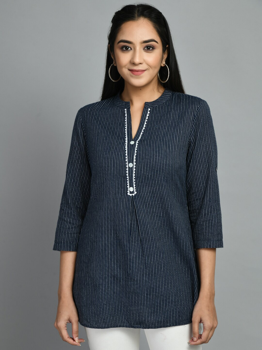 

MEESAN Striped Band Collar Lace Insert Tunic, Navy blue