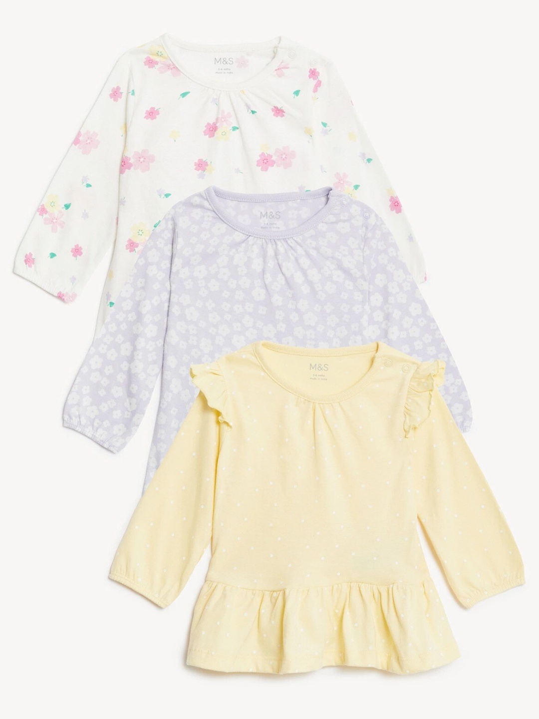 

Marks & Spencer Girls Pack Of 3 Printed Gathered Pure Cotton Tops, Yellow