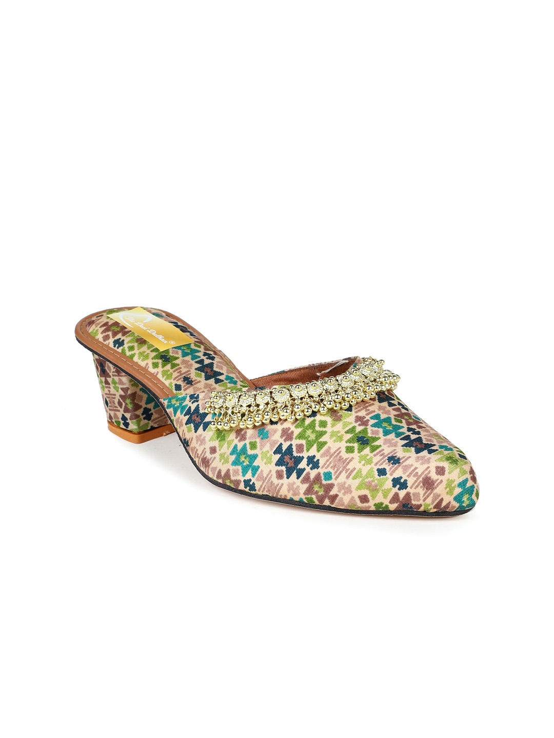 

The Desi Dulhan Printed Embellished Ethnic Block Mules, Off white