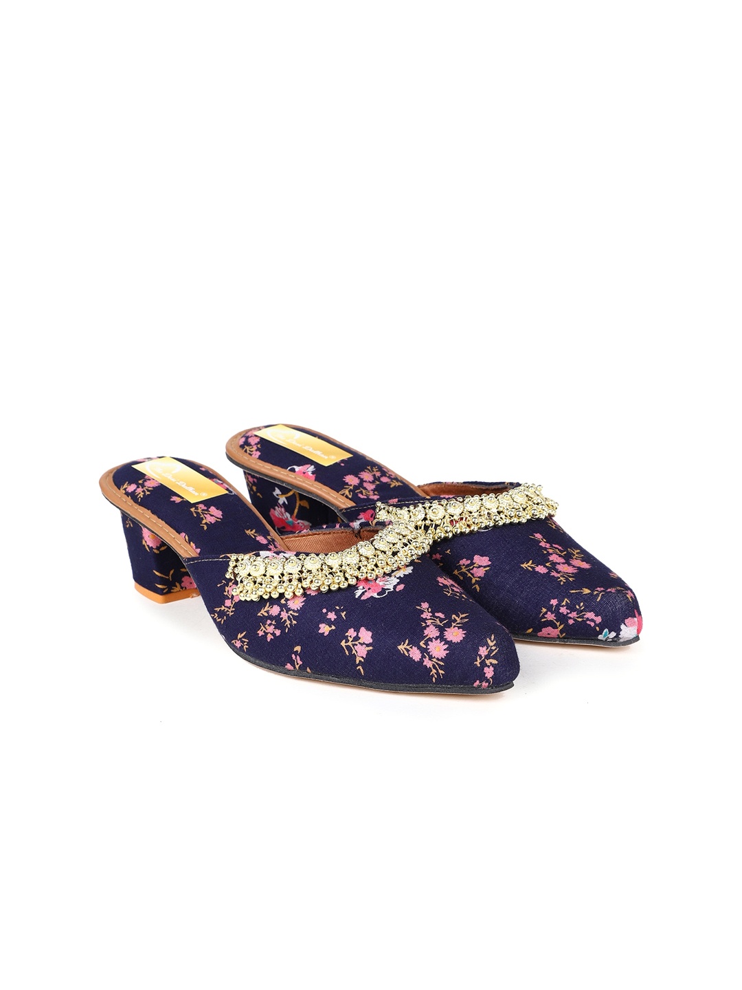 

The Desi Dulhan Woven Design Pointed Toe Block Heels Mules, Navy blue