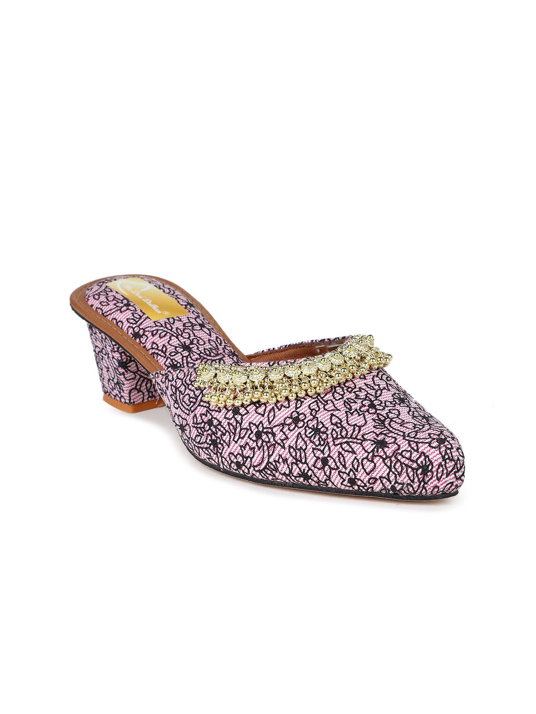 

The Desi Dulhan Embellished Woven Design Pointed Toe Block Heels Mules, Pink