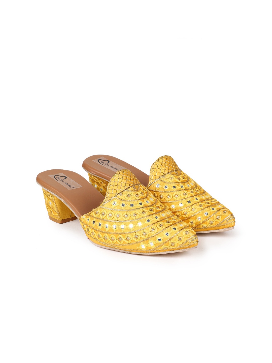 

The Desi Dulhan Embellished Woven Design Pointed Toe Block Heels Mules, Yellow
