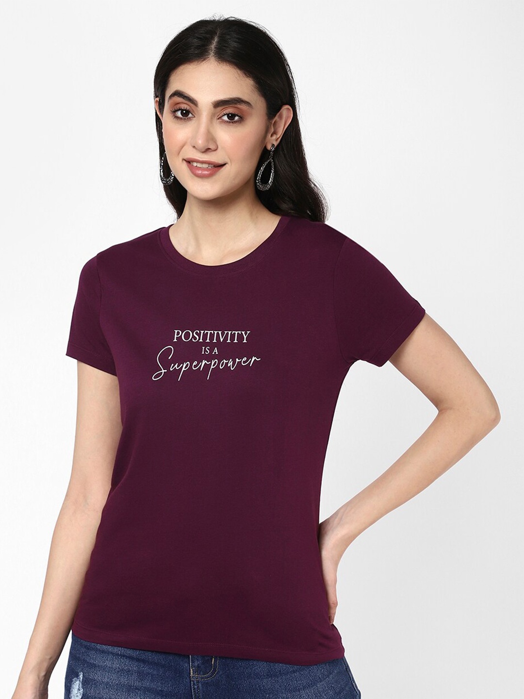 

R&B Typography Printed Cotton T-shirt, Purple