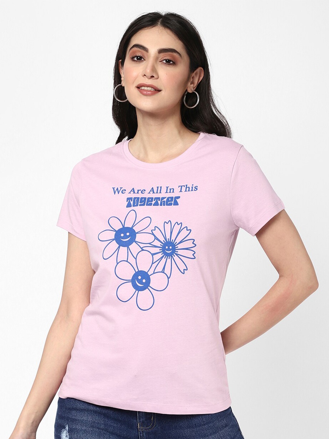 

R&B Floral Printed Cotton T-shirt, Purple
