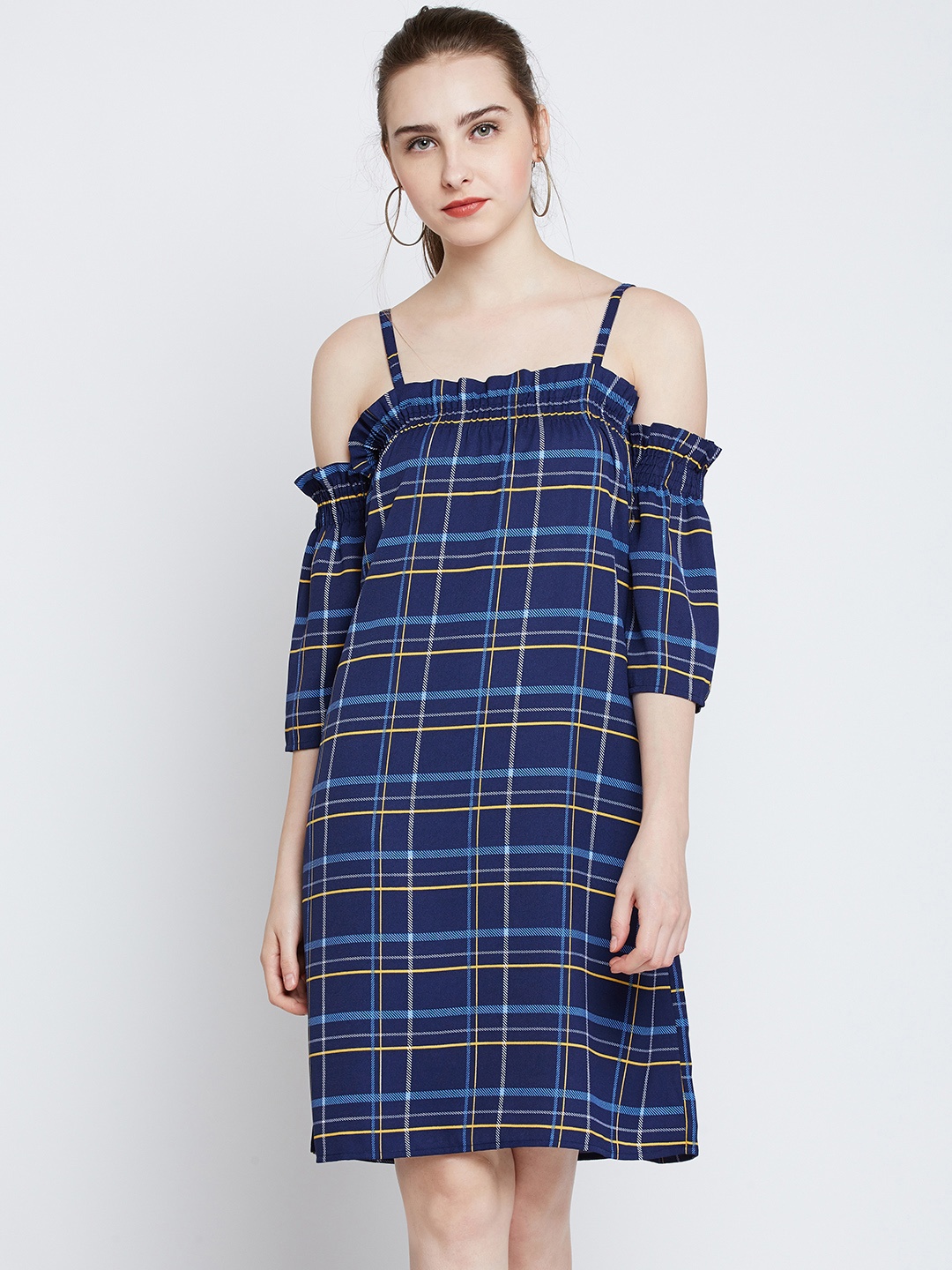 

Marie Claire Women Blue Checked A-Line Dress