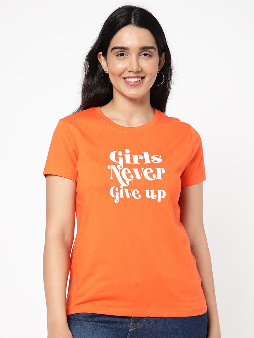 

R&B Typography Printed Round Neck Cotton T-shirt, Orange