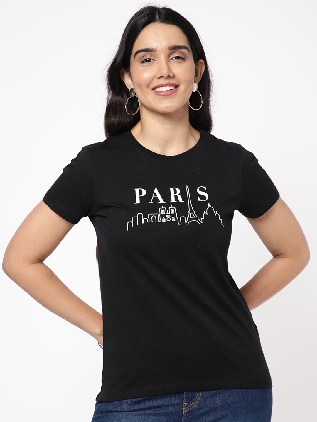 

R&B Typography Printed Round Neck Cotton T-shirt, Black