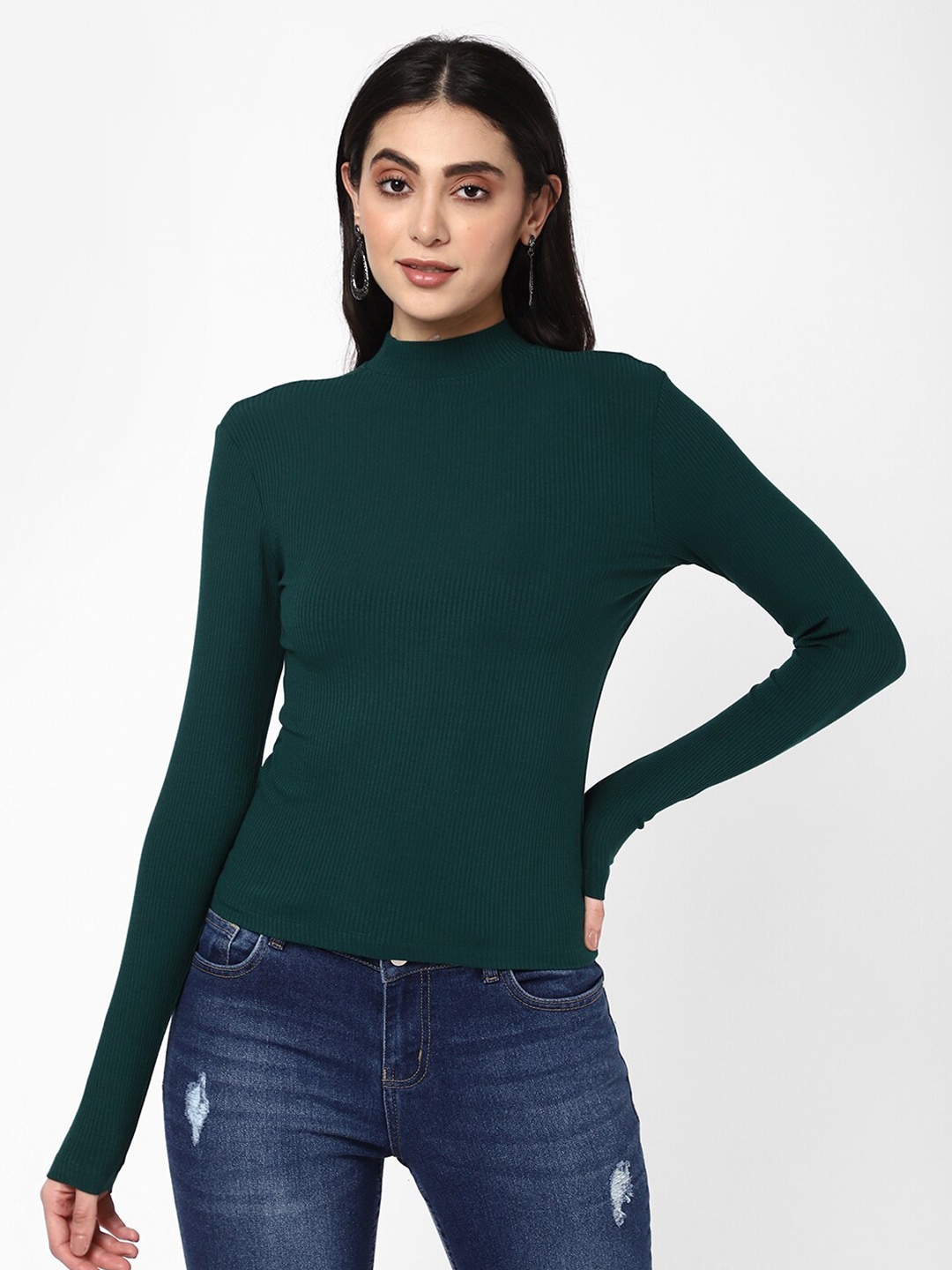 

R&B High Neck Long Sleeves Cotton T-shirt, Green