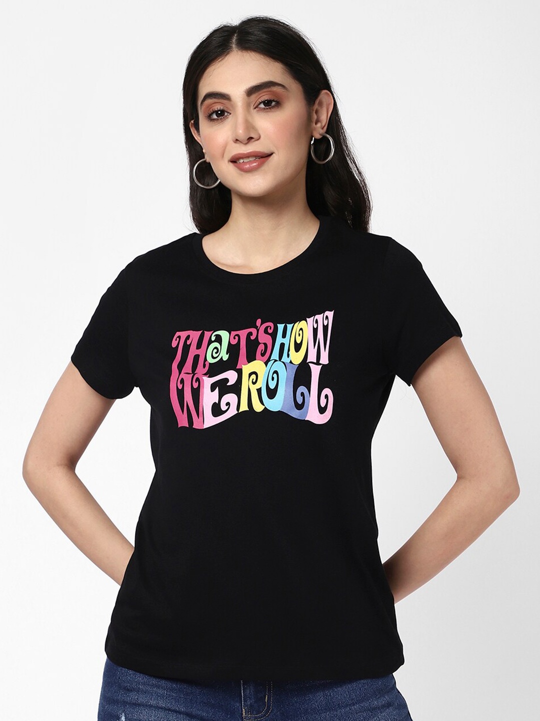 

R&B Typography Printed Round Neck Cotton T-shirt, Black