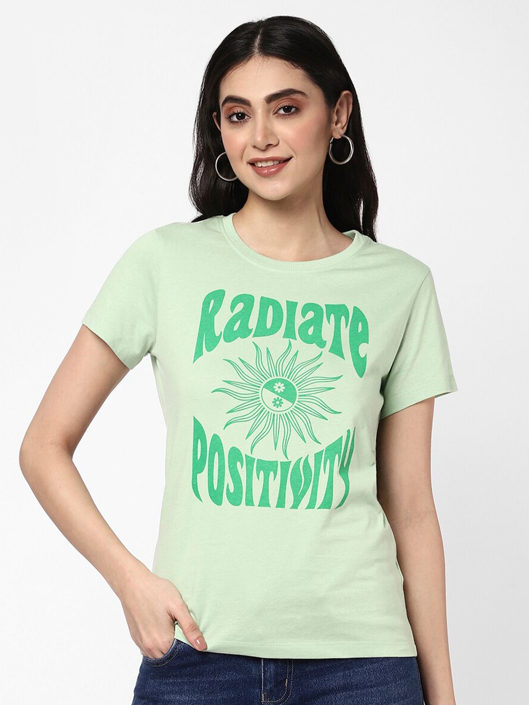 

R&B Typography Printed Round Neck Cotton T-shirt, Sea green