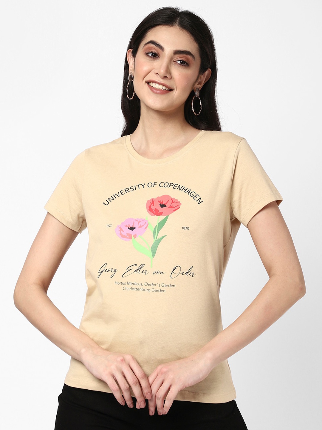 

R&B Floral Printed Round Neck Cotton T-shirt, Khaki