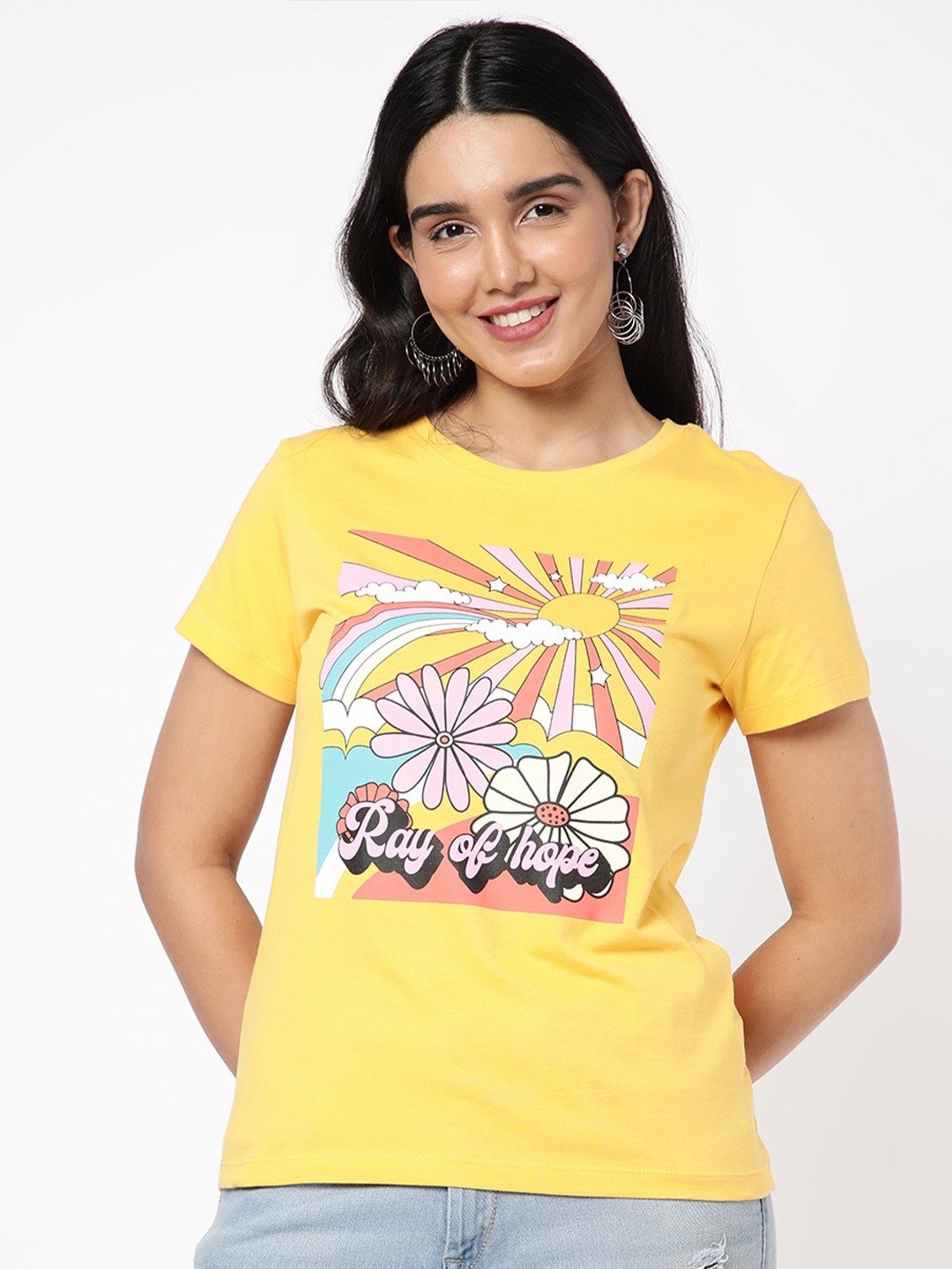 

R&B Floral Printed Round Neck Cotton T-shirt, Yellow