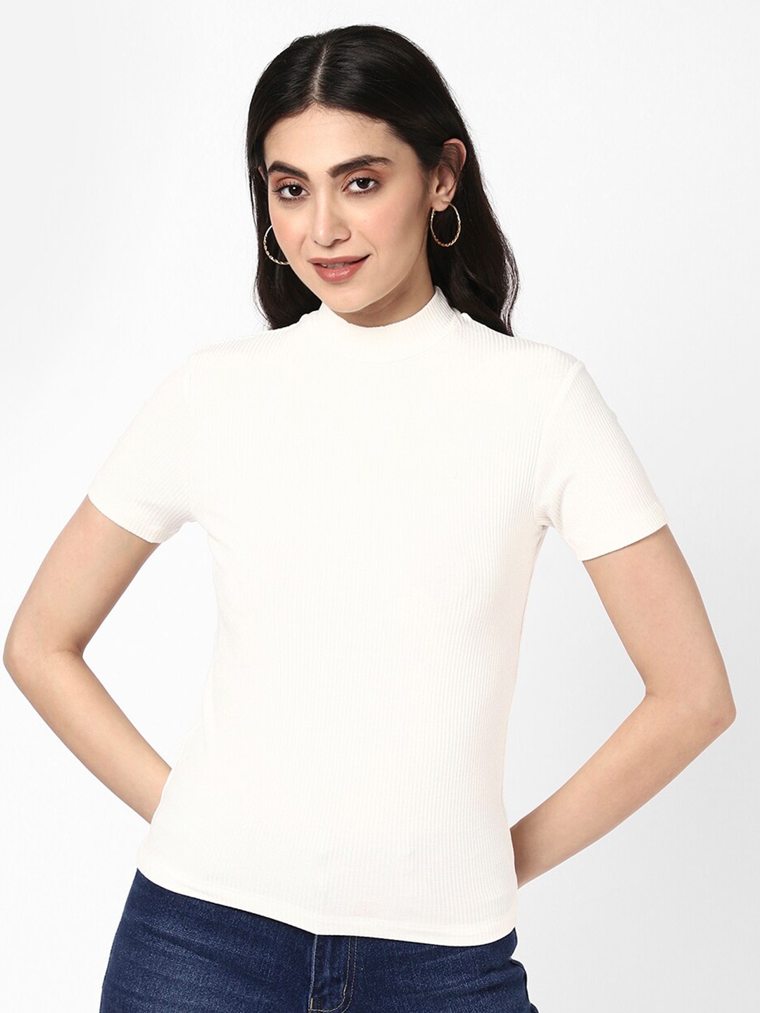 

R&B High Neck Short Sleeves Cotton T-shirt, White