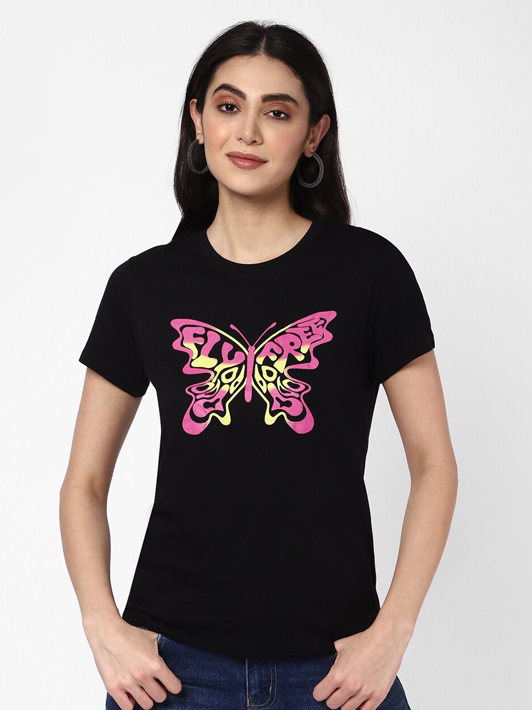 R&B Printed Round Neck Short Sleeves Cotton T-shirt, Black