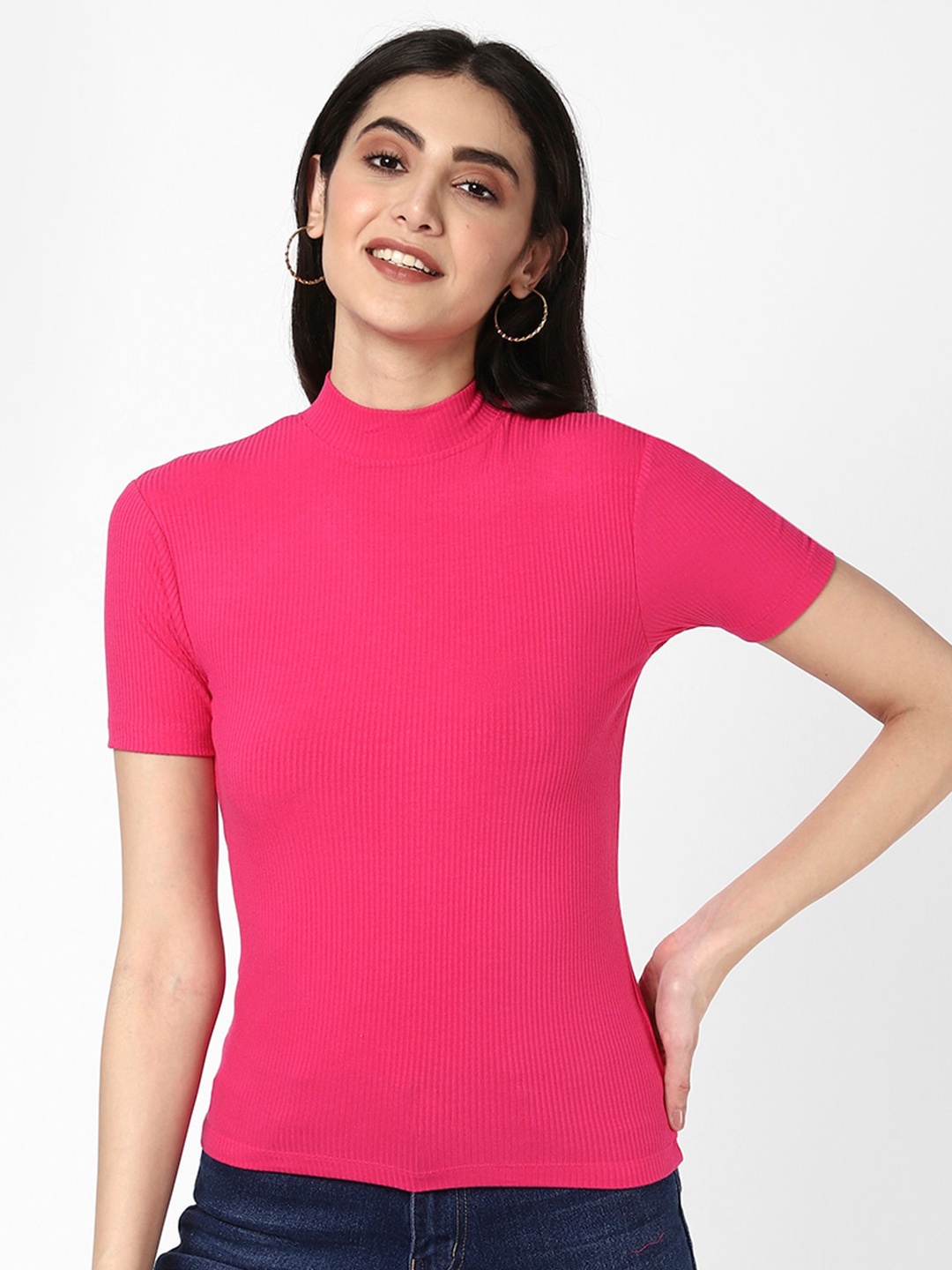 

R&B High Neck Short Sleeve Cottton T-shirt, Pink