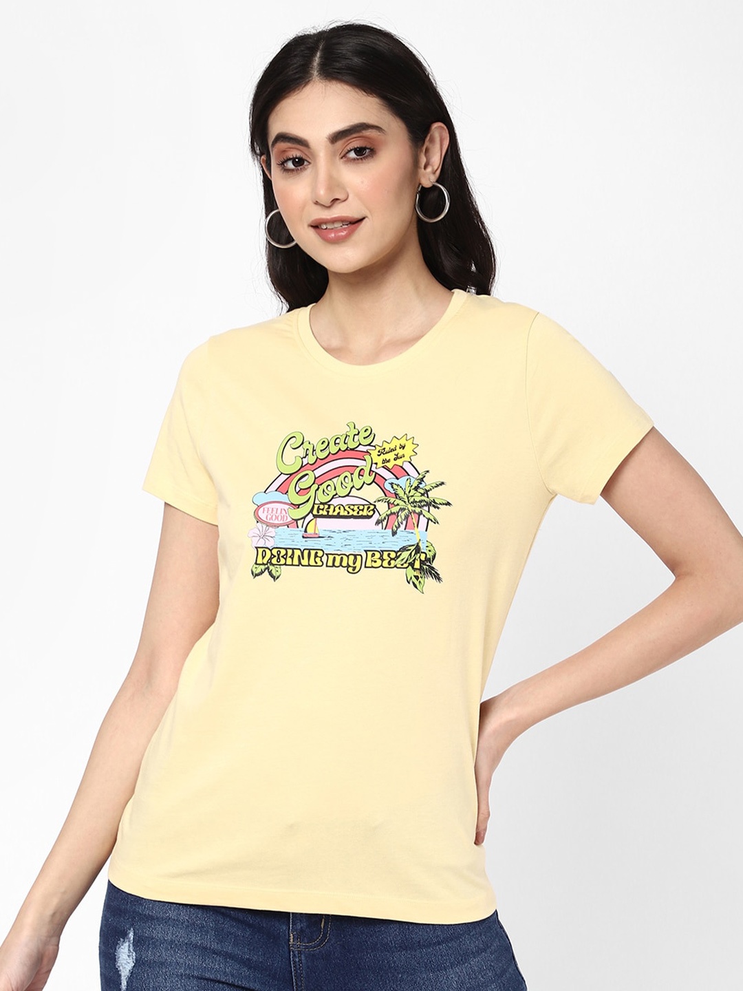 

R&B Typography Printed Cotton T-shirt, Yellow