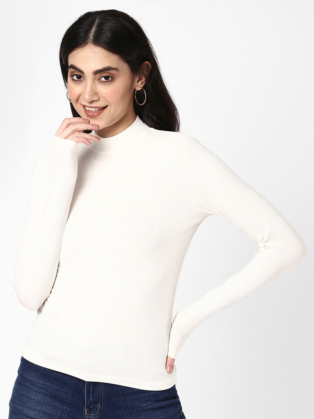 

R&B Self Design Ribbed High Neck Cotton T-shirt, White