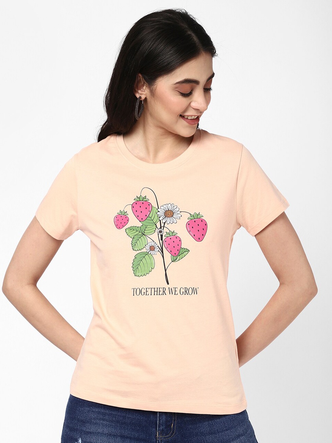 

R&B Graphic Printed Round Neck Cotton T-shirt, Peach