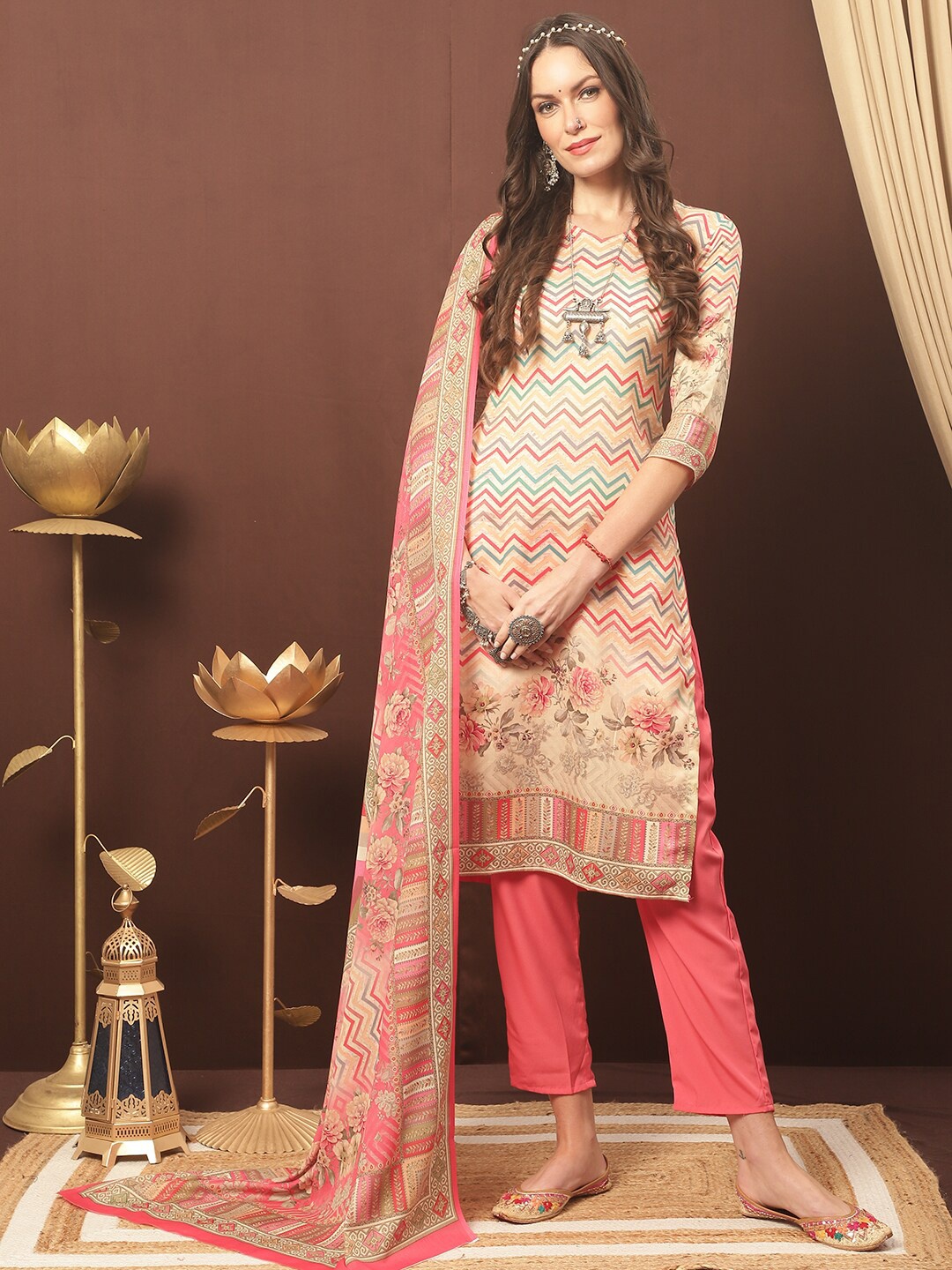 

Stylee LIFESTYLE Printed Unstitched Dress Material, Peach