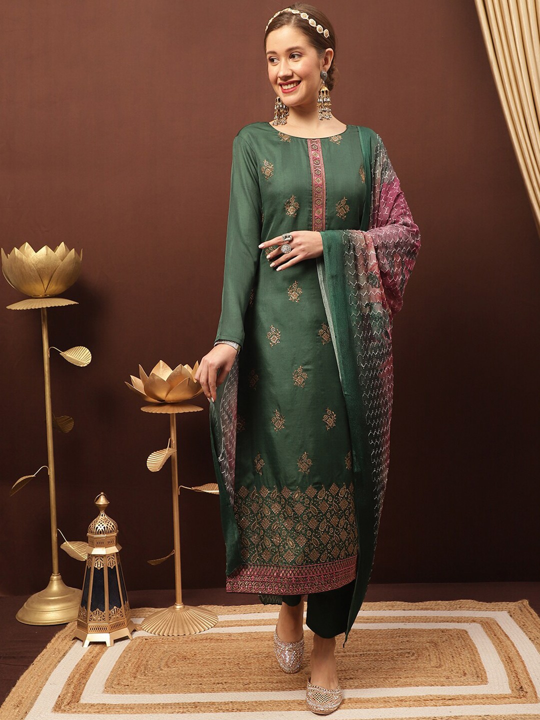 

Stylee LIFESTYLE Embroidered Pure Silk Unstitched Dress Material, Green