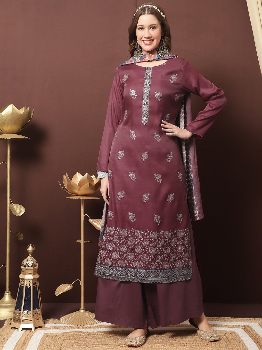 

Stylee LIFESTYLE Embroidered Pure Silk Unstitched Dress Material, Maroon