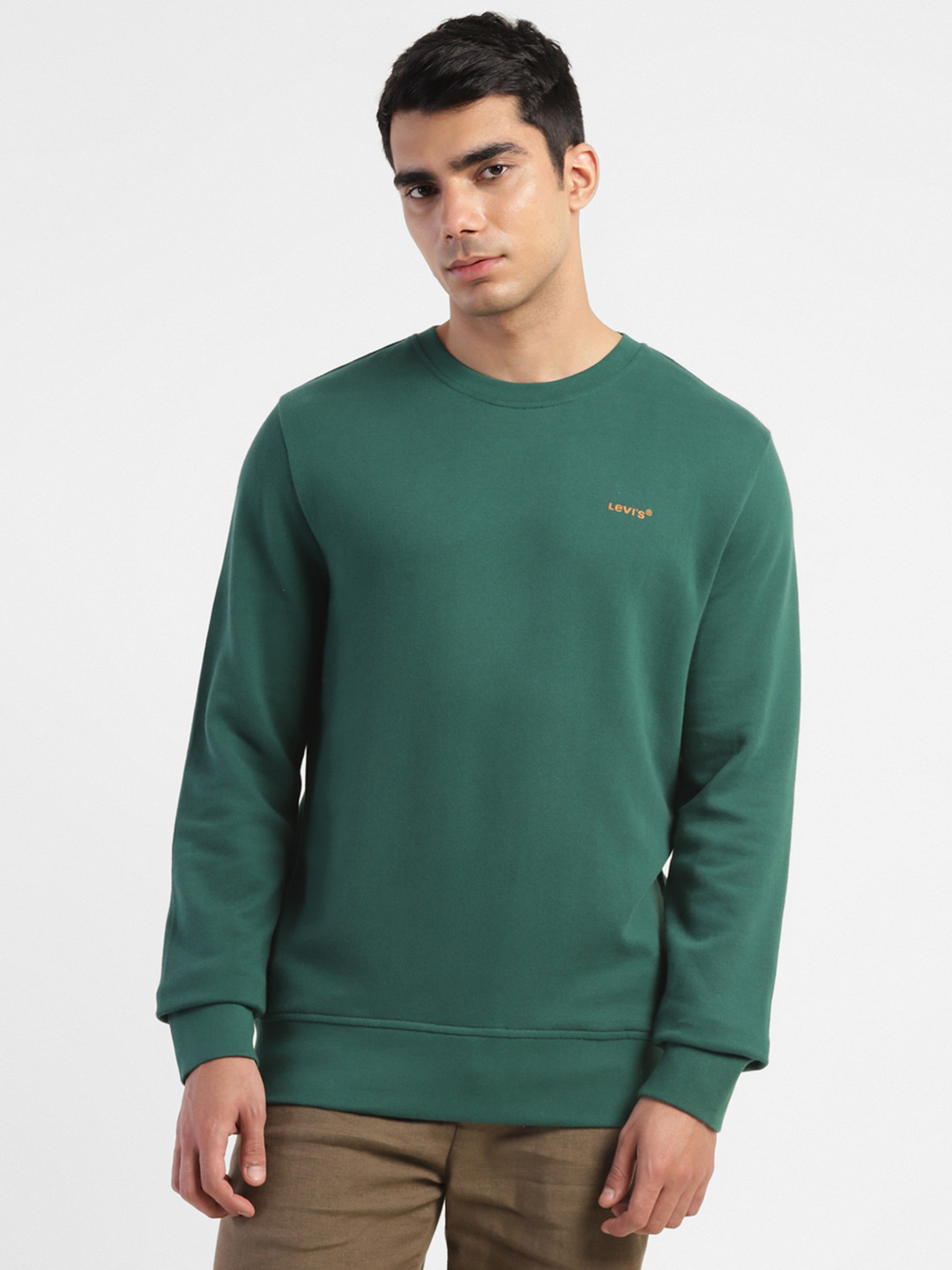 

Levis Solid Round Neck Knitted Pure Cotton Sweatshirt With Minimal Brand Logo Print Detail, Green