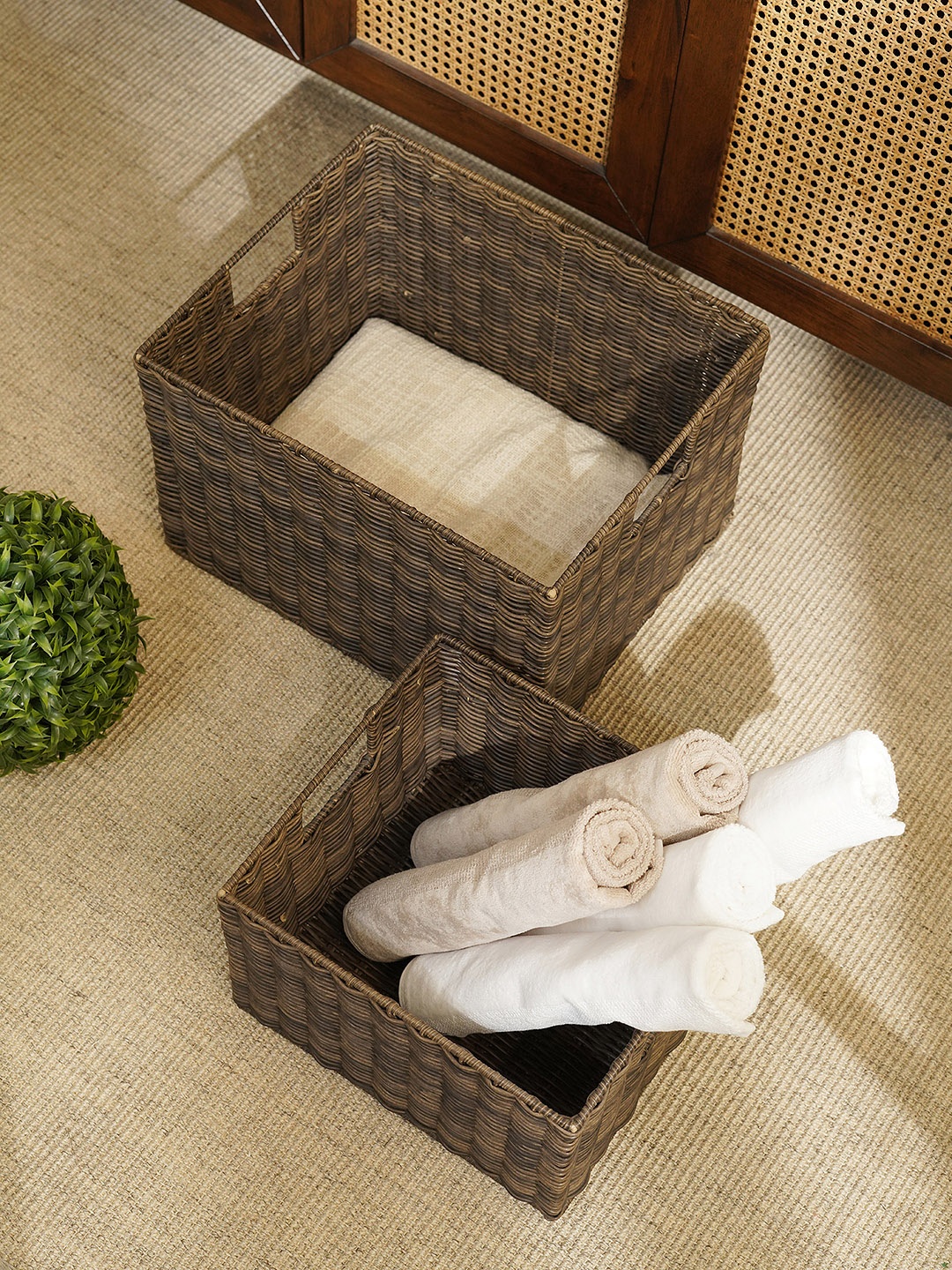 

Pure Home and Living Brown 2 Pieces Resin Wicker Utility Baskets