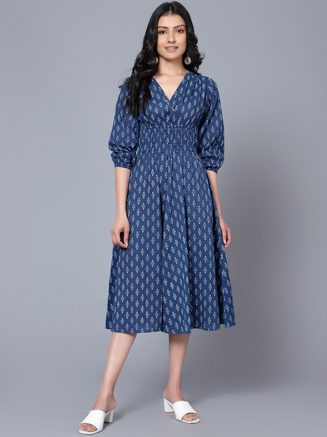 

Bani Women V-Neck Ethnic Motifs A-Line Midi Dress, Blue