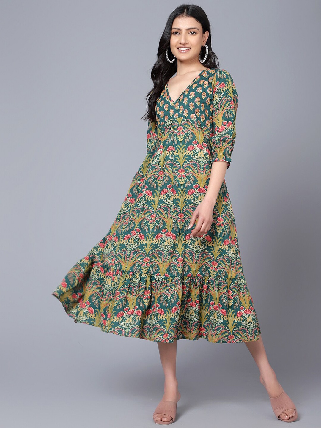 

Bani Women V-Neck Floral A-Line Midi Dress, Green