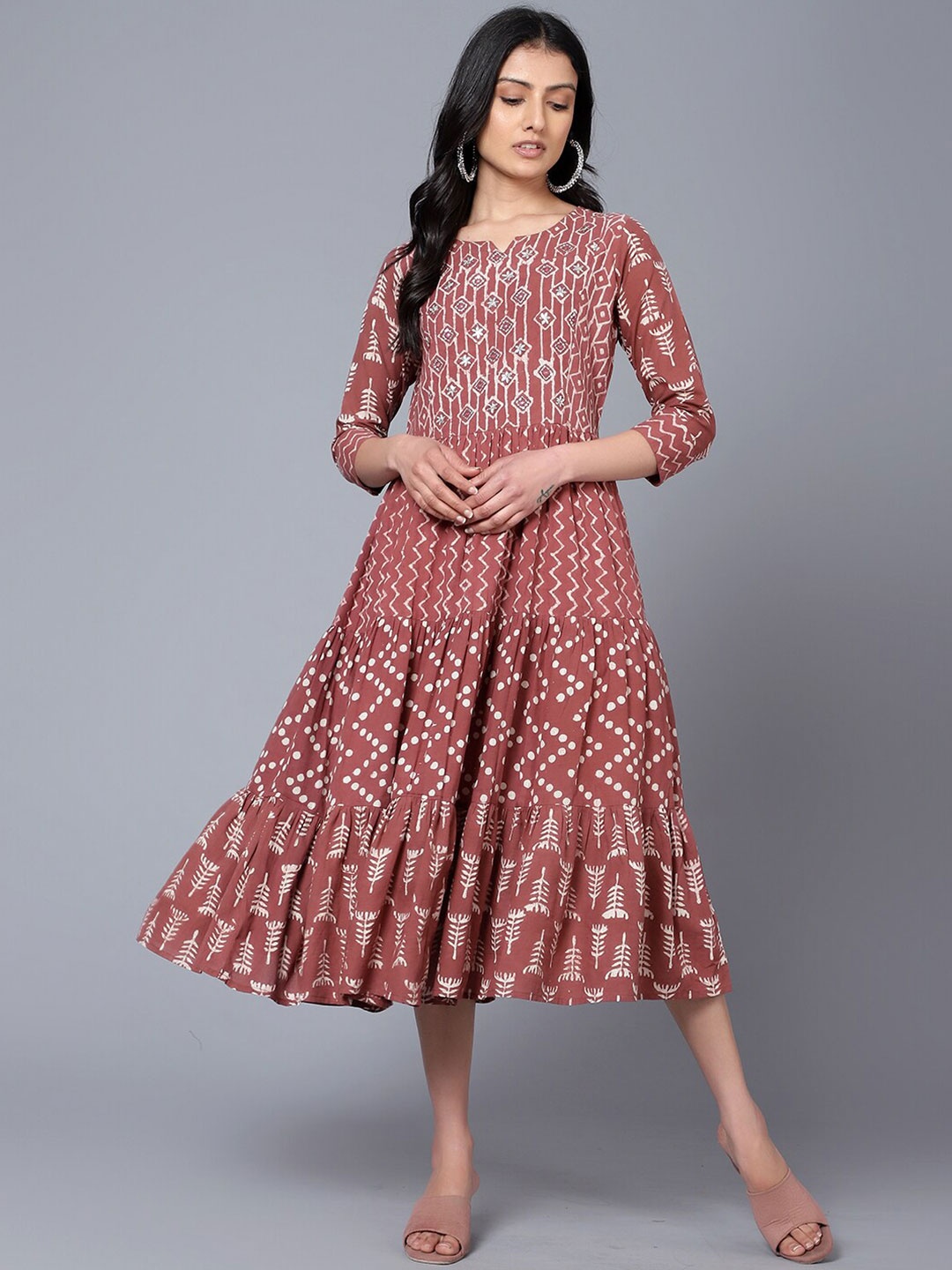 

Bani Women Notch Neck Ethnic Motifs Printed Sequined Tiered A-Line Cotton Midi Dress, Brown