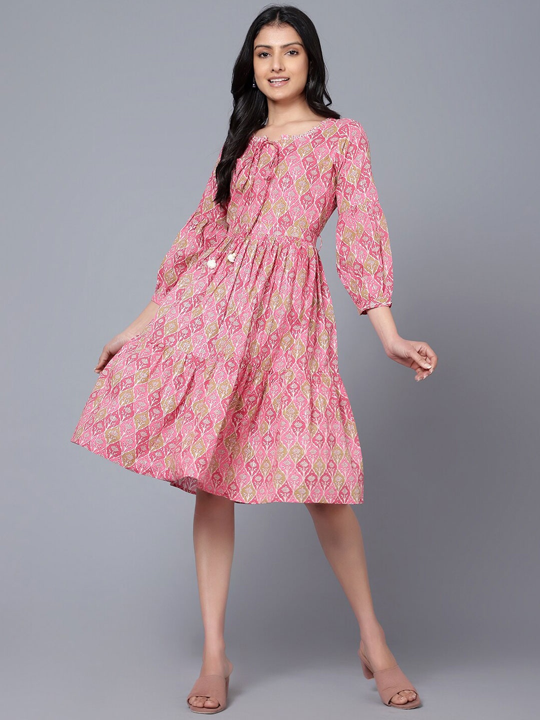 

Bani Women Ethnic Motifs Printed Tie-Up Neck Cotton Dress, Pink