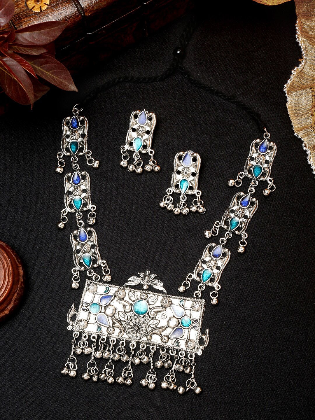 

YouBella German Silver-Plated Stone Studded & Beaded Jewellery Set, Turquoise blue