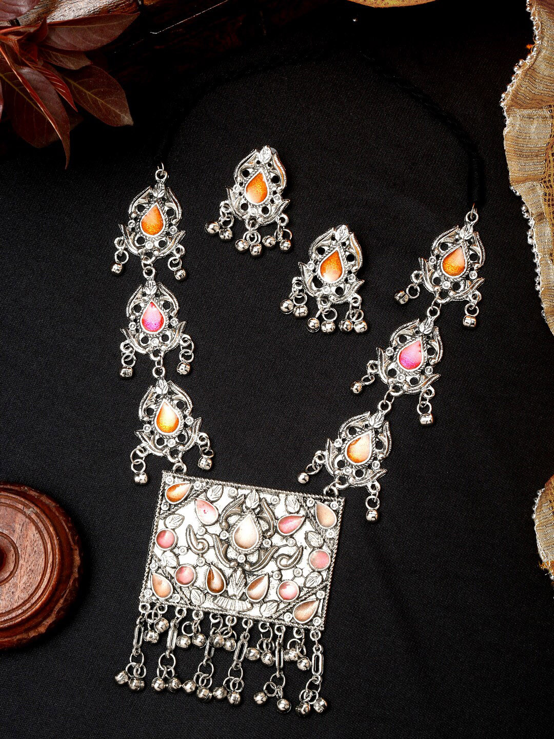 

YouBella German Silver-Plated Stone-Studded Jewellery Set, Orange