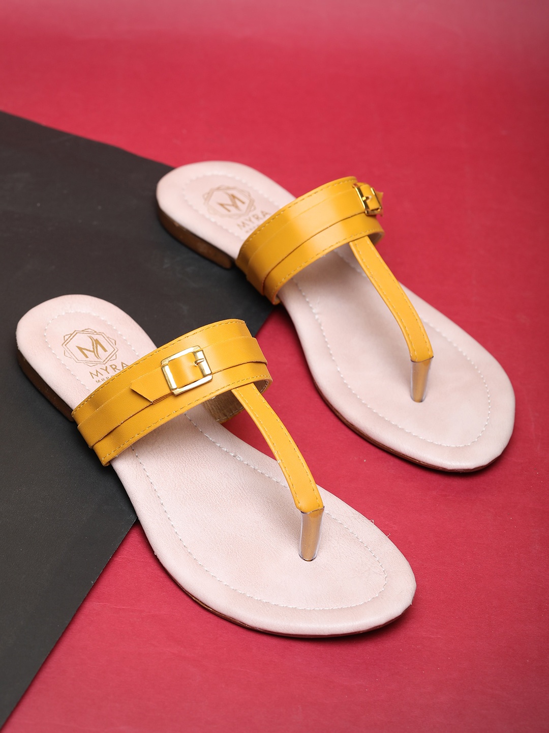

Myra Women Buckle T-strap Flats, Mustard