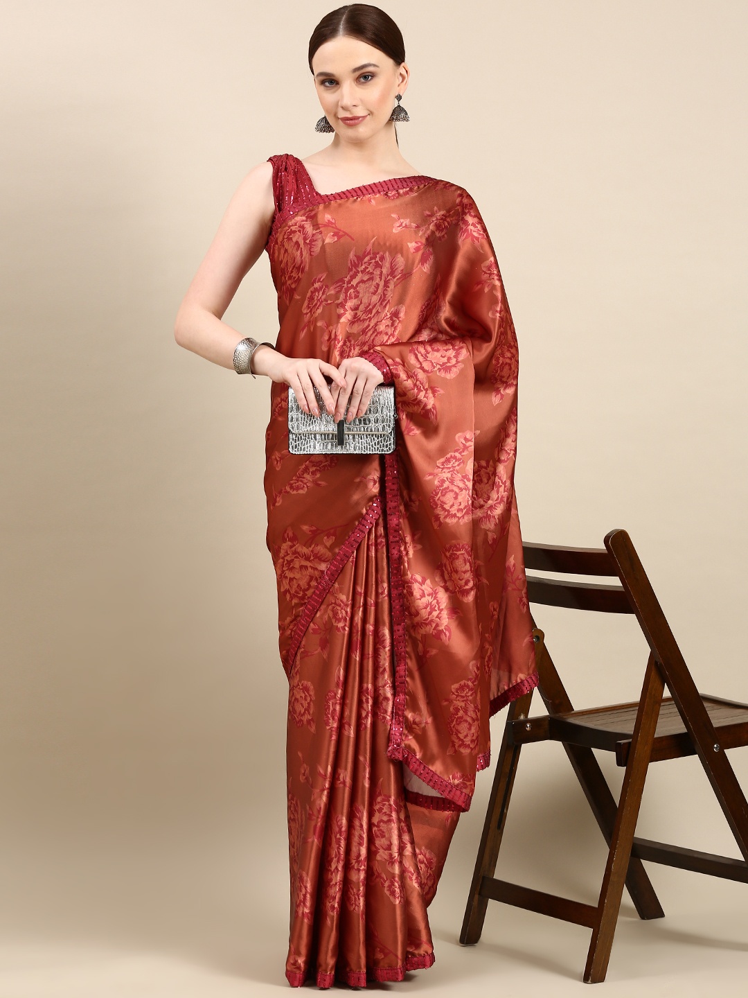 

kasee Floral Print Satin Saree, Copper