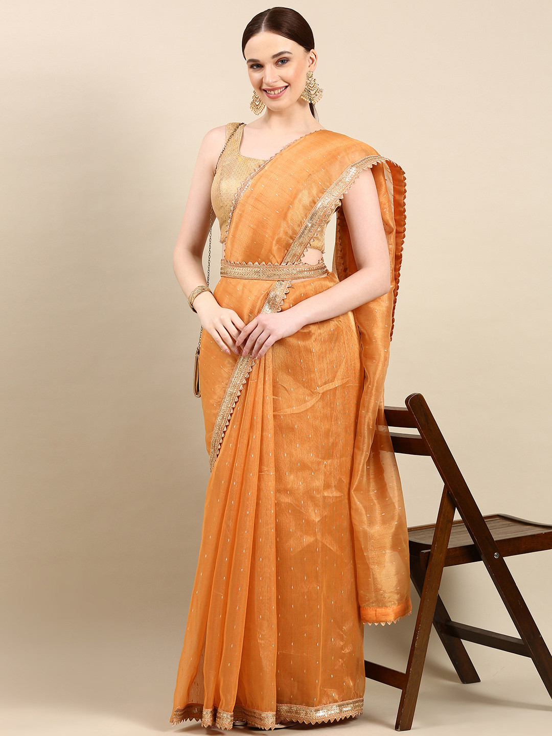 

kasee Solid Organza Woven Saree, Orange