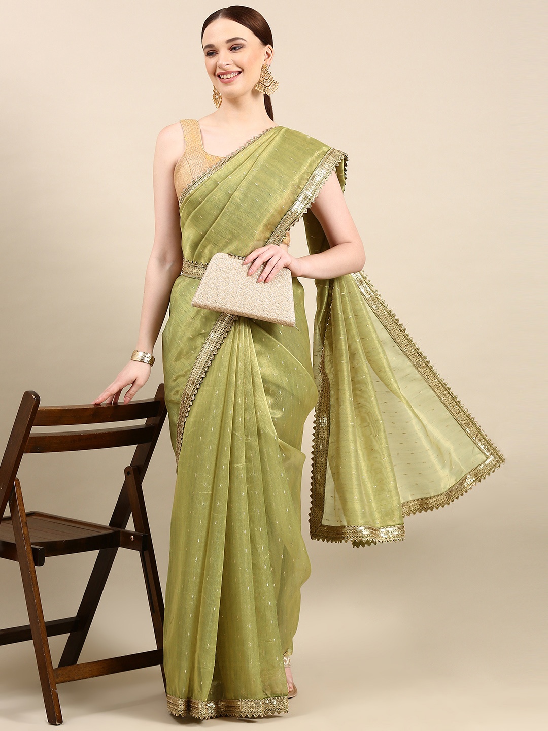 

kasee Solid Organza Woven Saree, Green