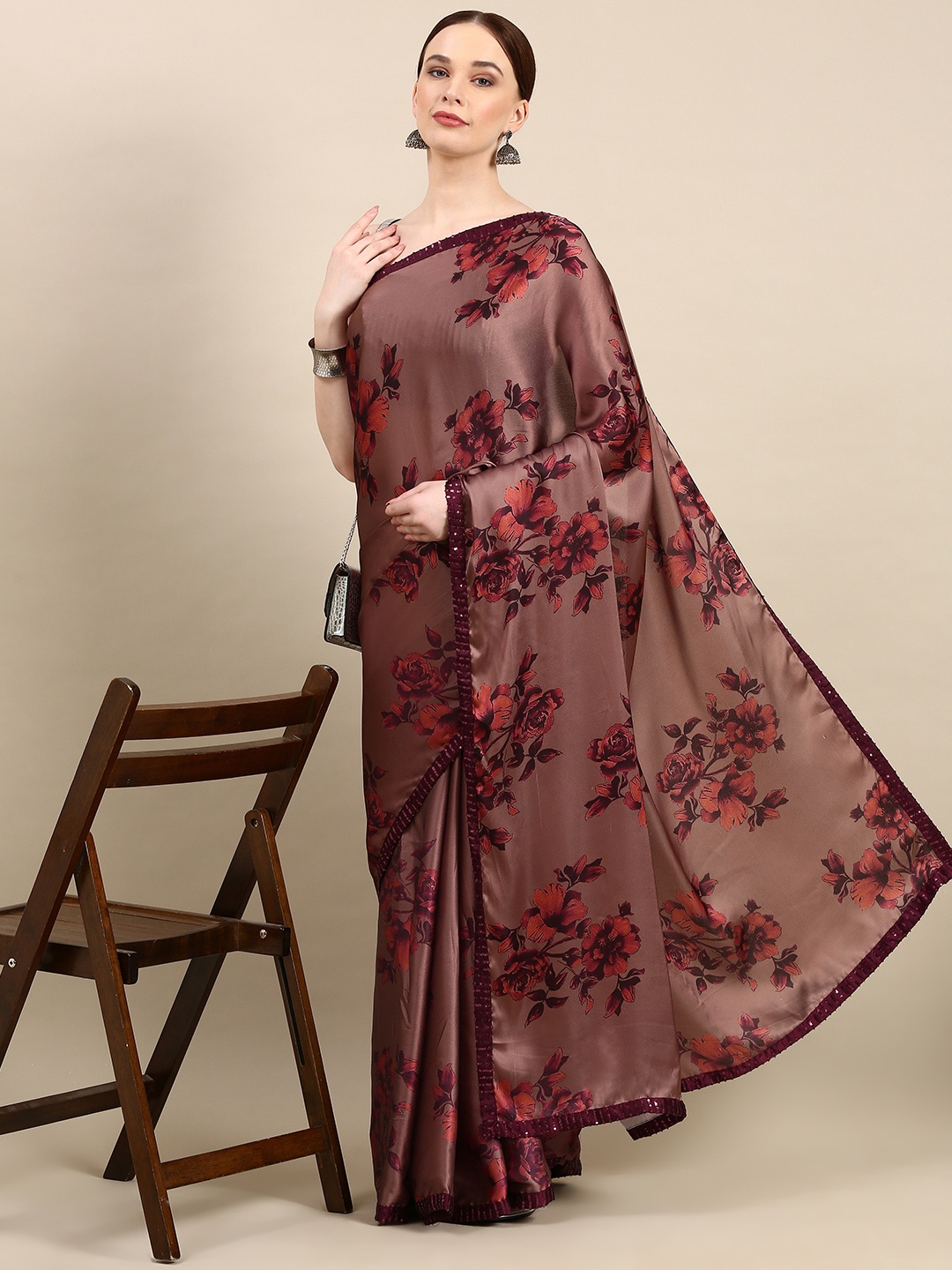 

kasee Digital Print Floral Satin Saree, Brown