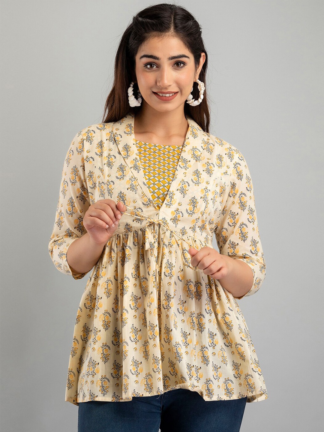

FERANOID Floral Printed Shawl Neck Pure Cotton Kurti, Yellow