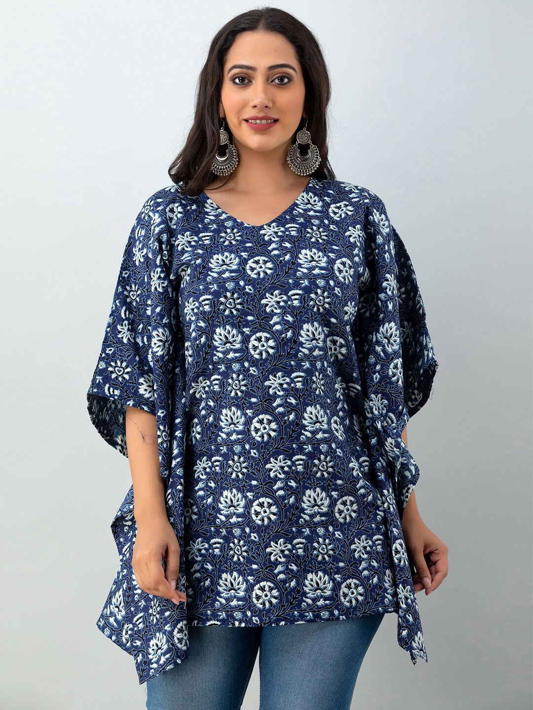 

FERANOID Floral Printed V-Neck Kimono Sleeves Pure Cotton Kaftan Kurti, Blue